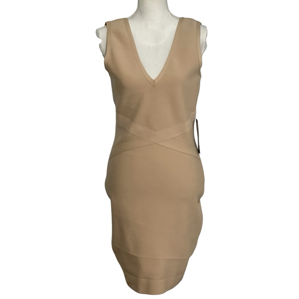 Bebe Nude Double V Neck Bandage Midi Bodycon Dress NWT